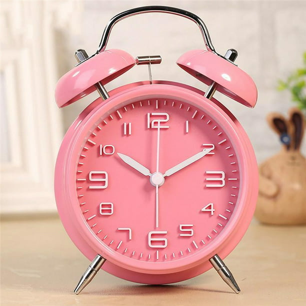 3D Number Two Bell Alarm Clock Quartz Bedside Table Clock Night Light Pink
